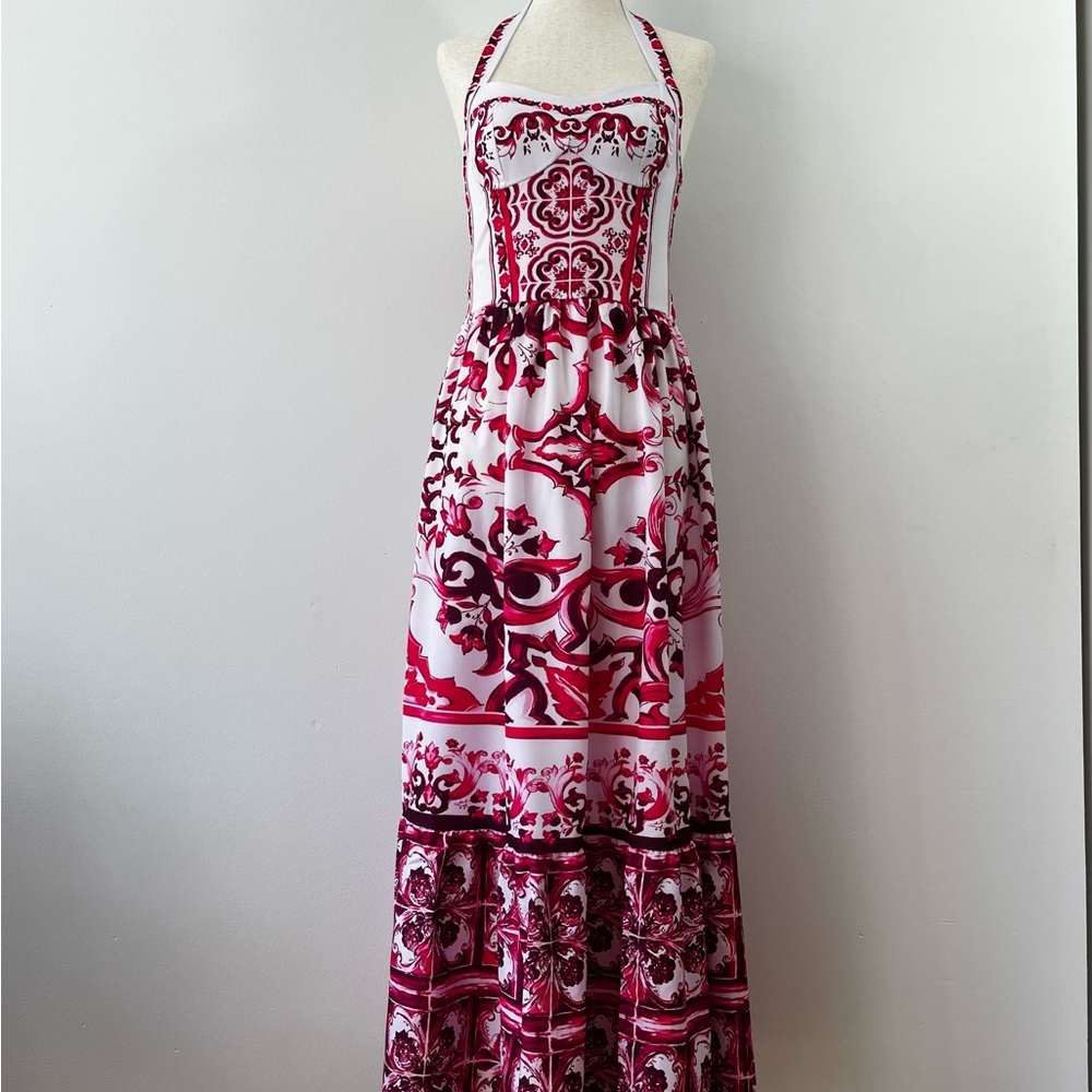 Elegant Red and White Halter Maxi Dress
